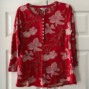 Luck Brand Red Floral Button-Front Top With 3/4 Length Sleeves
